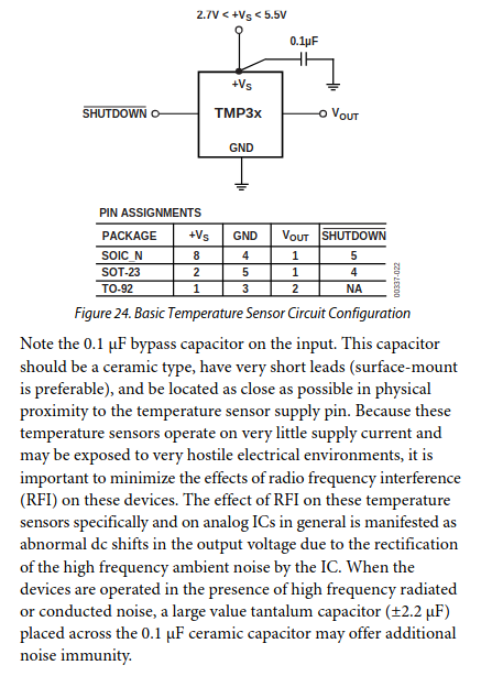 An extract of the sensor datasheet explaining why a capacitor is needed on the V in pin