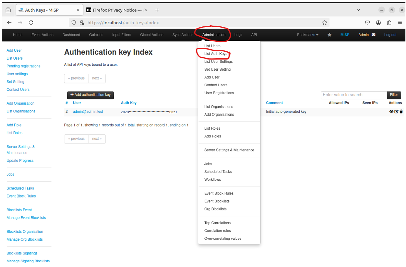 Screenshot showing the navigation to &quot;Administration &gt; List Auth Keys.&quot;