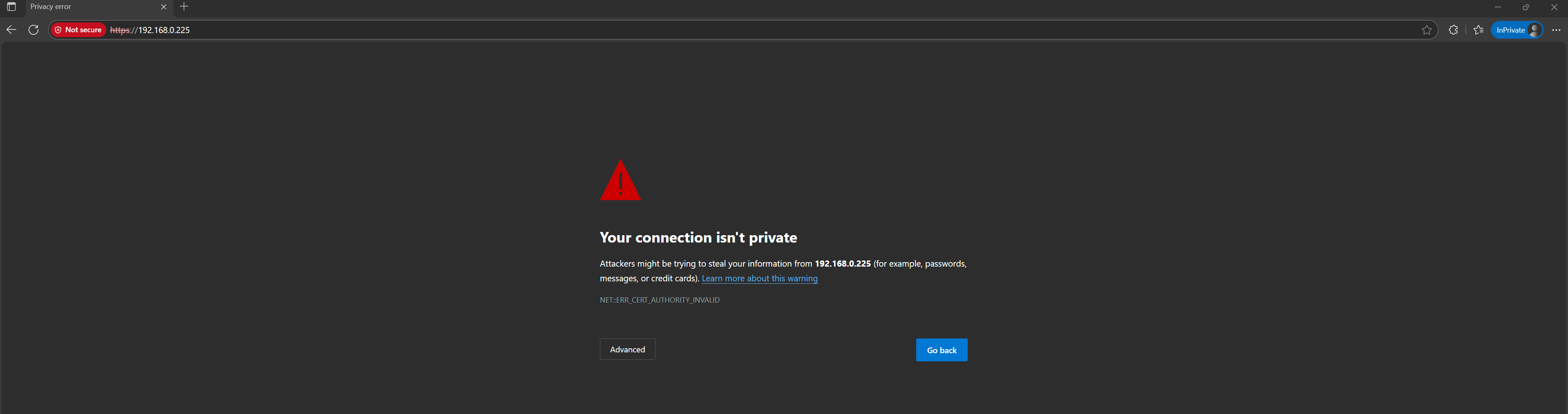 Private connection warning screen