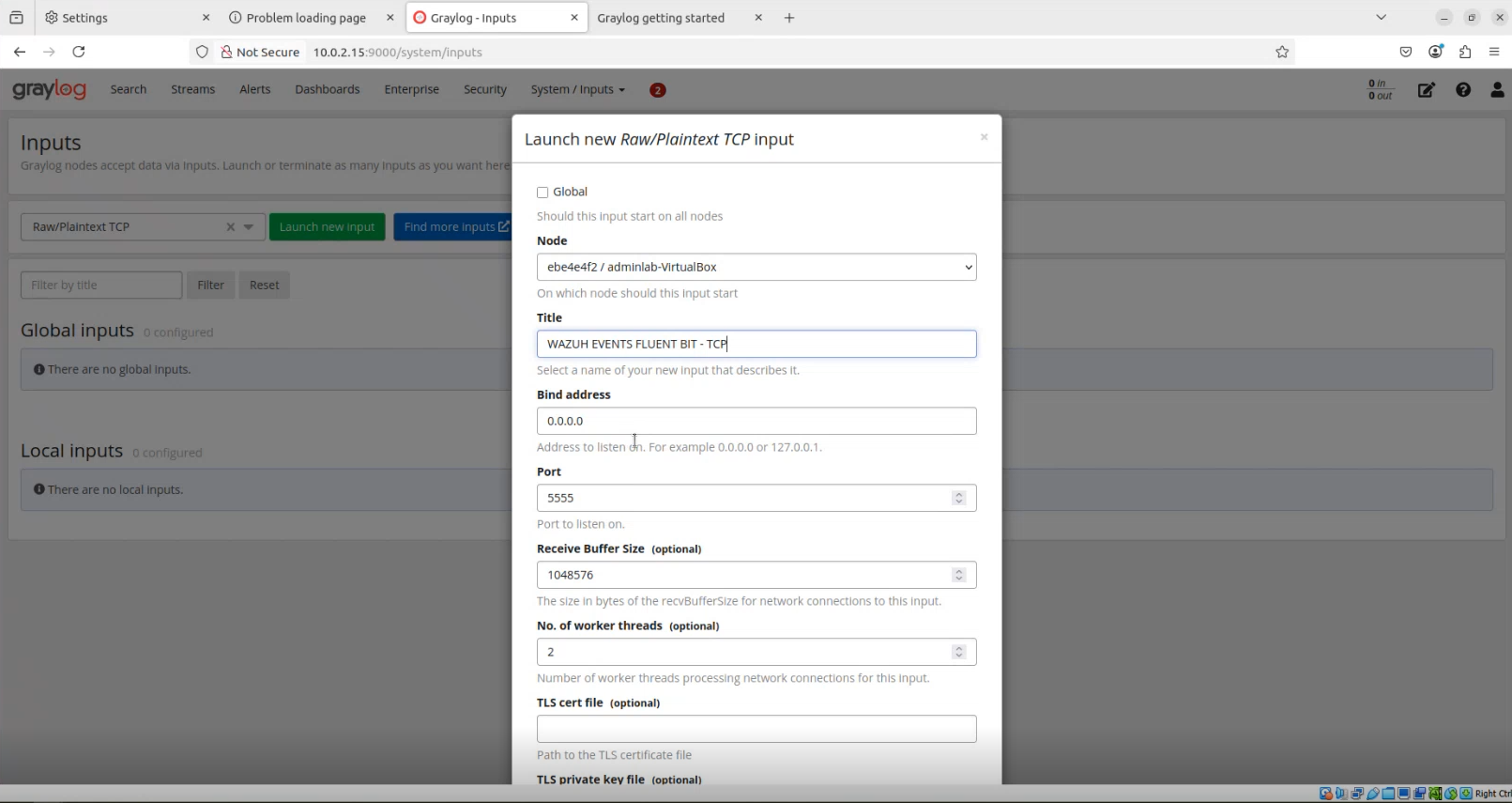Graylog input setup