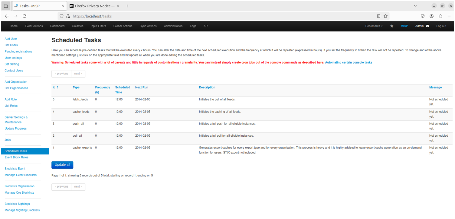 Screenshot of the MISP schedule task feature with a warning or configuration page.