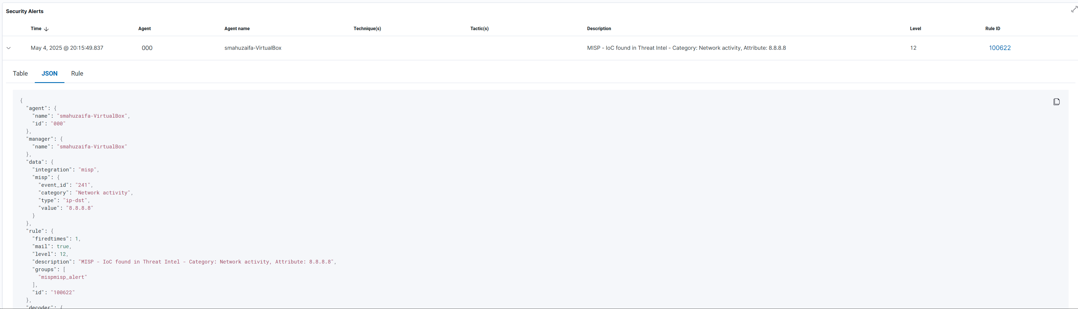 json screenshot of an alert